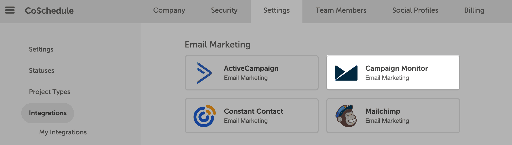 Settings with Integrations selected, where you find Campaign Monitor to start connecting it.