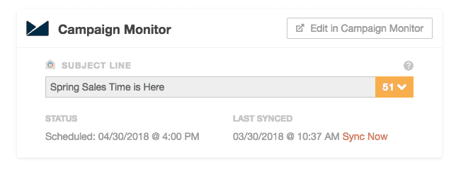 A synced Campaign Monitor email project showing the campaign's title, scheduled date and subject line.