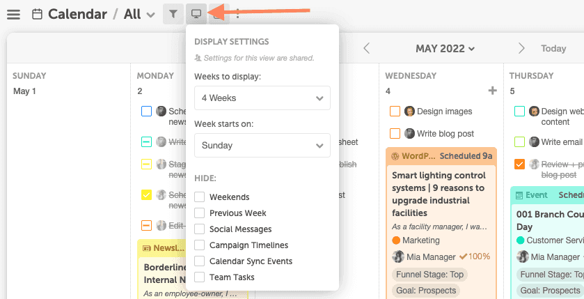 Calendar with the screen icon next to the view name, which opens the display settings.