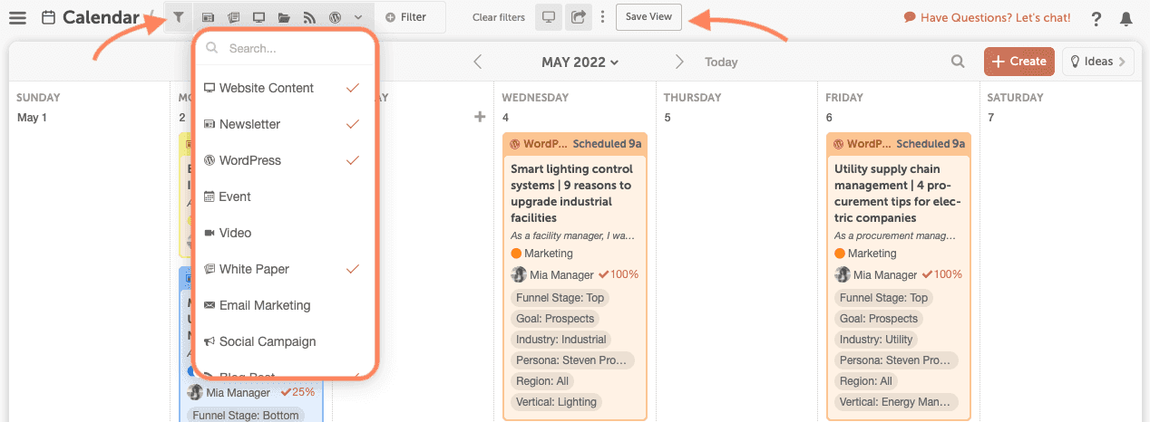 Calendar view filter panel with filter types selected and the Save View button.