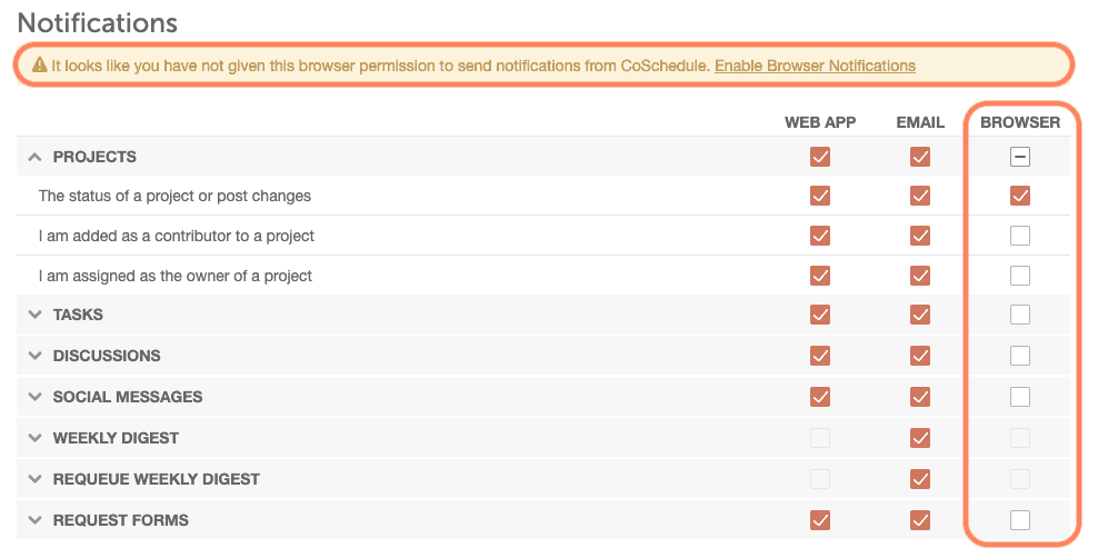 Notifications settings with Web App, Email and Browser columns and the Enable Browser Notifications prompt highlighted.