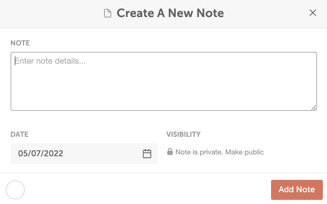Create A New Note window with the color label circle at the bottom left and the Make Public option.