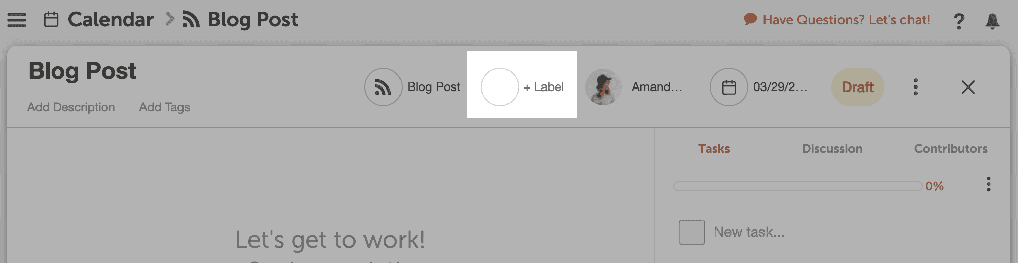 Open project with the Label menu at the top, choosing a color label for the project.