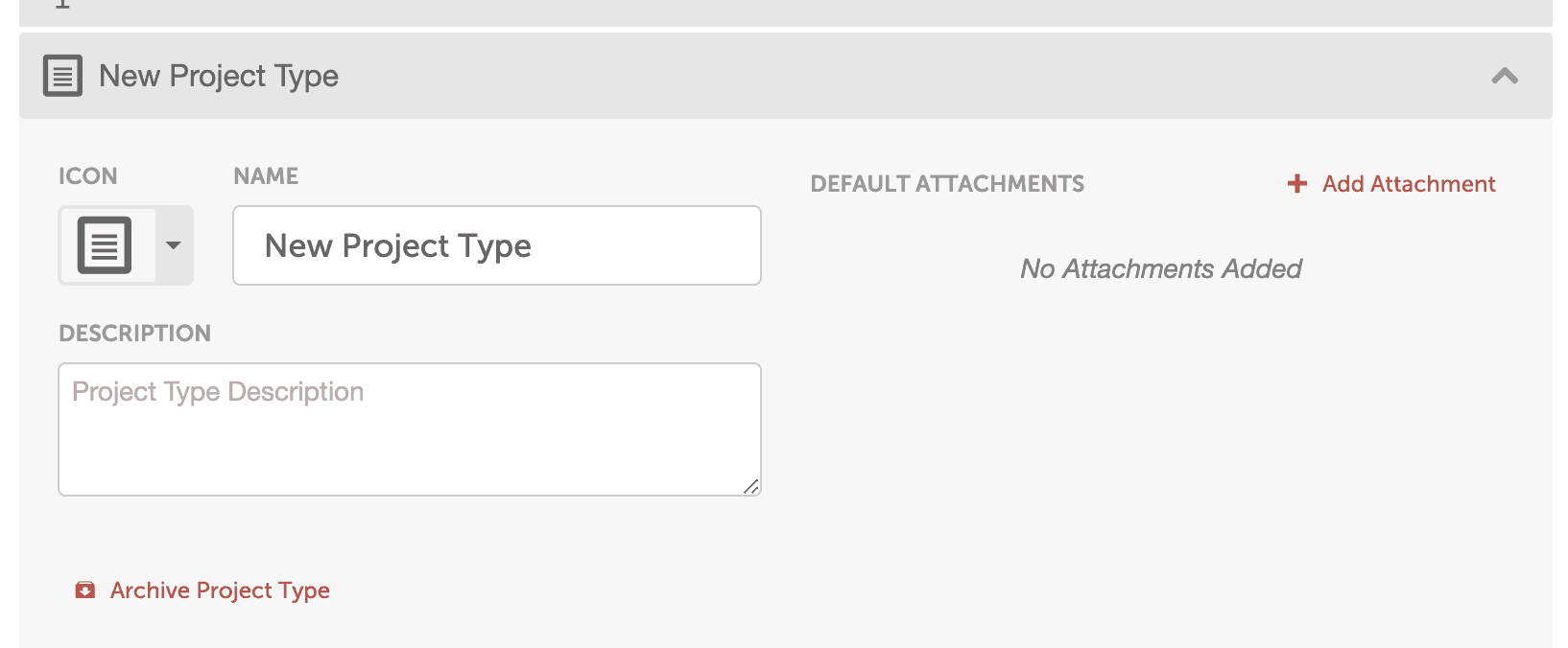 New project type form with the icon picker and the name, description and default attachments fields.