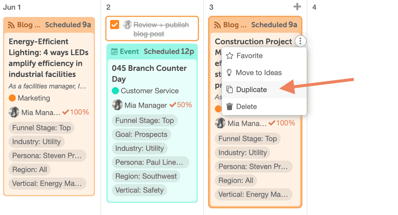 Project on the calendar with its three-dot menu open and Duplicate selected.