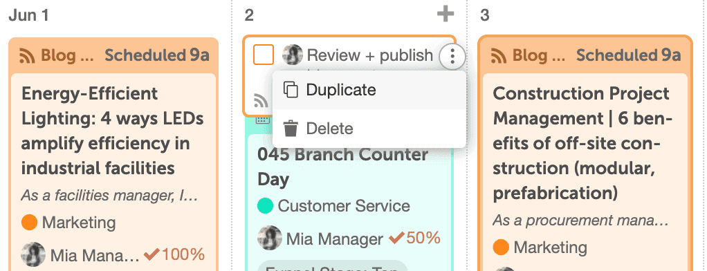 Task on the calendar with its three-dot menu open and Duplicate selected.