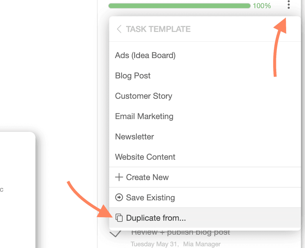 Template menu in a project with Duplicate from selected to copy tasks from another project.