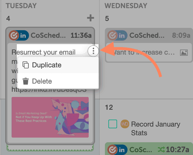 Social message on the calendar with its three-dot menu open and Duplicate selected.
