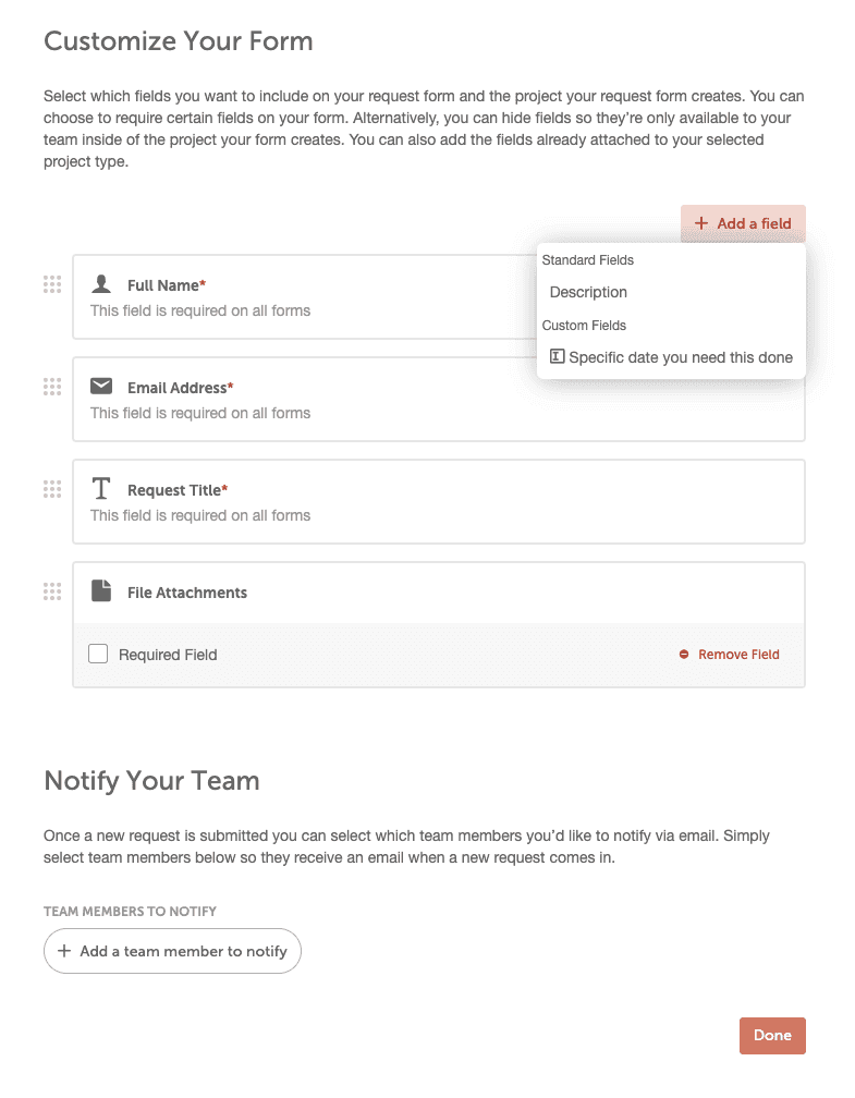 Request form editor with the field dropdown open, listing custom fields to add to the form.