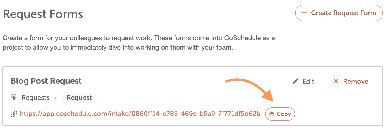 Request Forms list in Settings, with the Copy option for copying a form's share link.