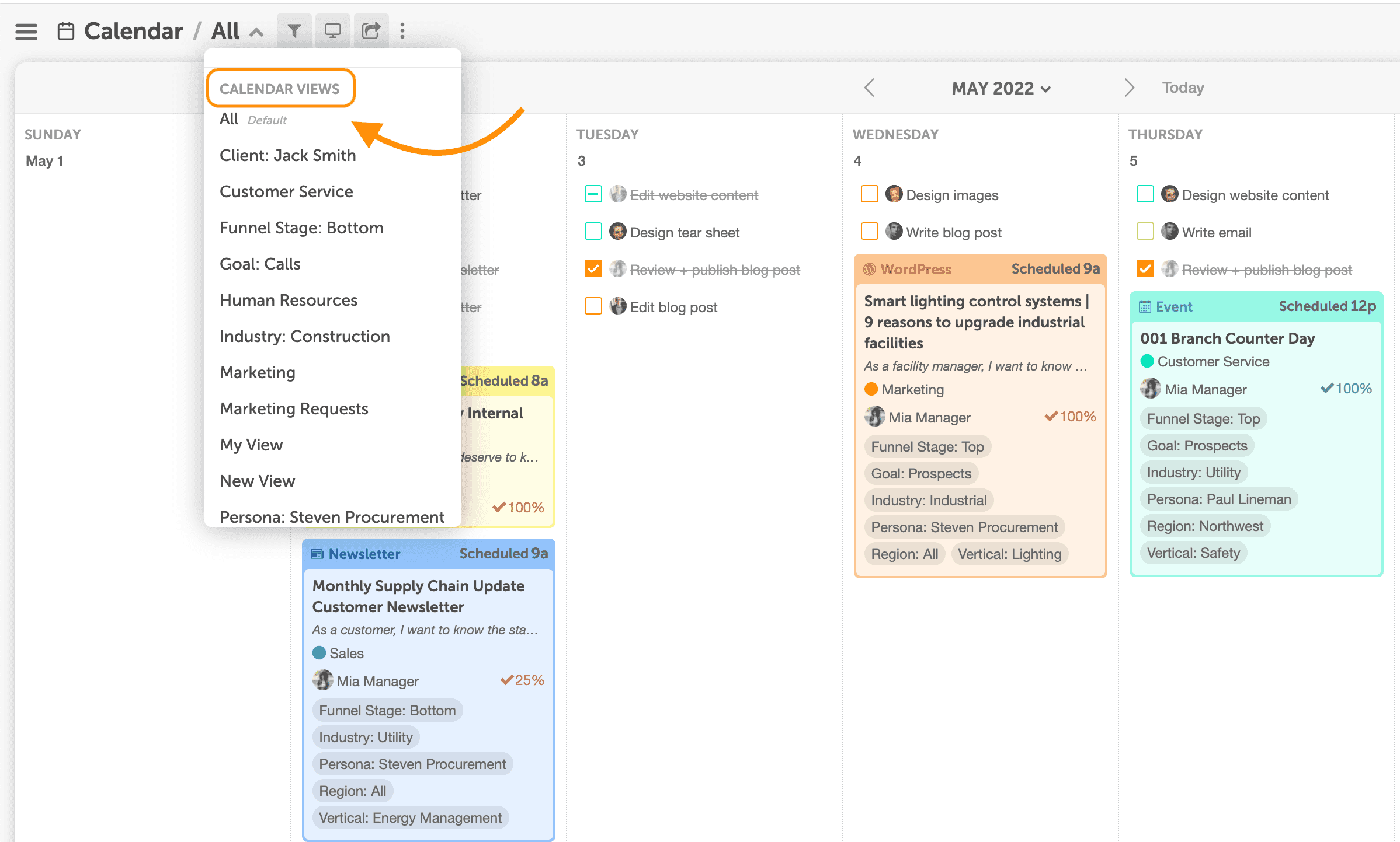 Calendar Views list opened from the main calendar navigation, showing saved views.