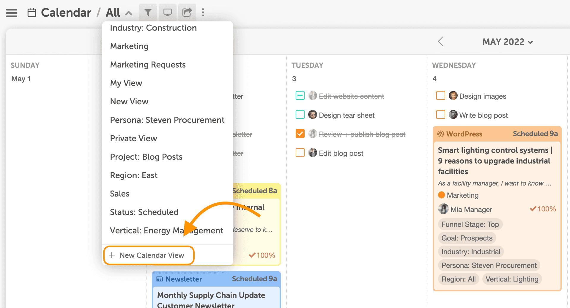 New calendar view form with a name field and Filter Content and Calendar Display Settings options.