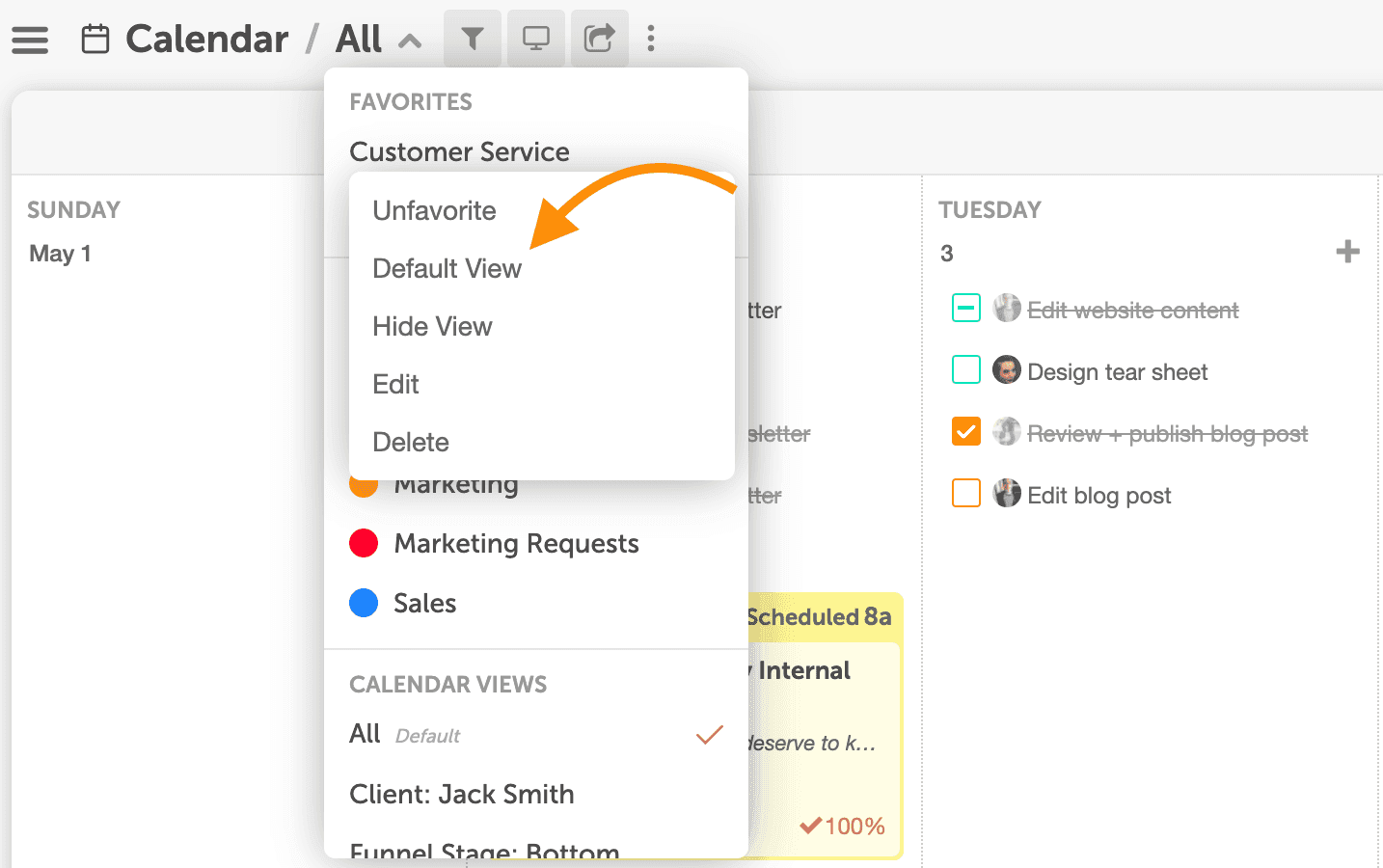 Calendar view menu opened from the vertical ellipsis, with the Default View option.