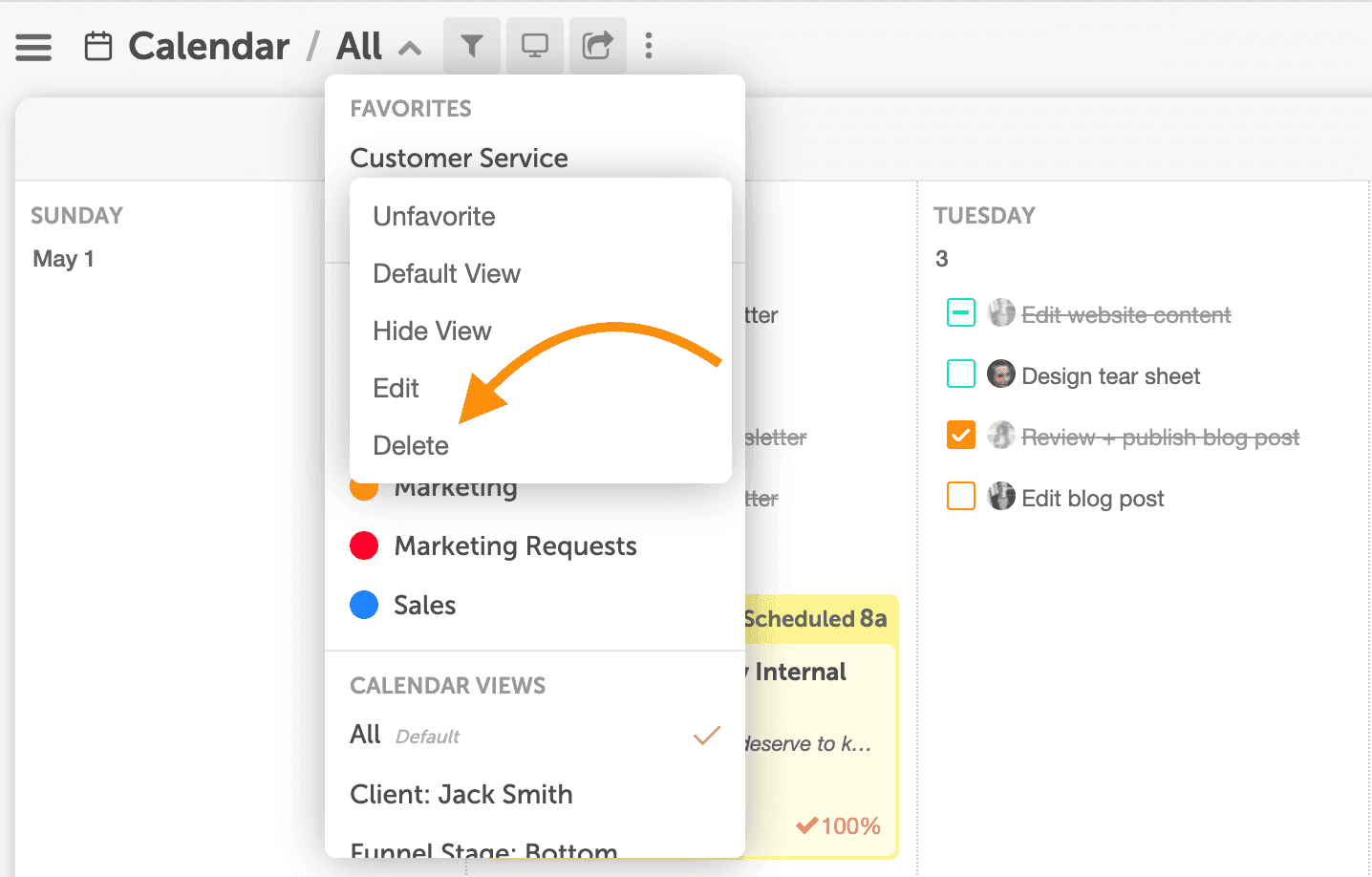 Menu opened from the ellipsis next to a calendar view's name, with the Delete View option.