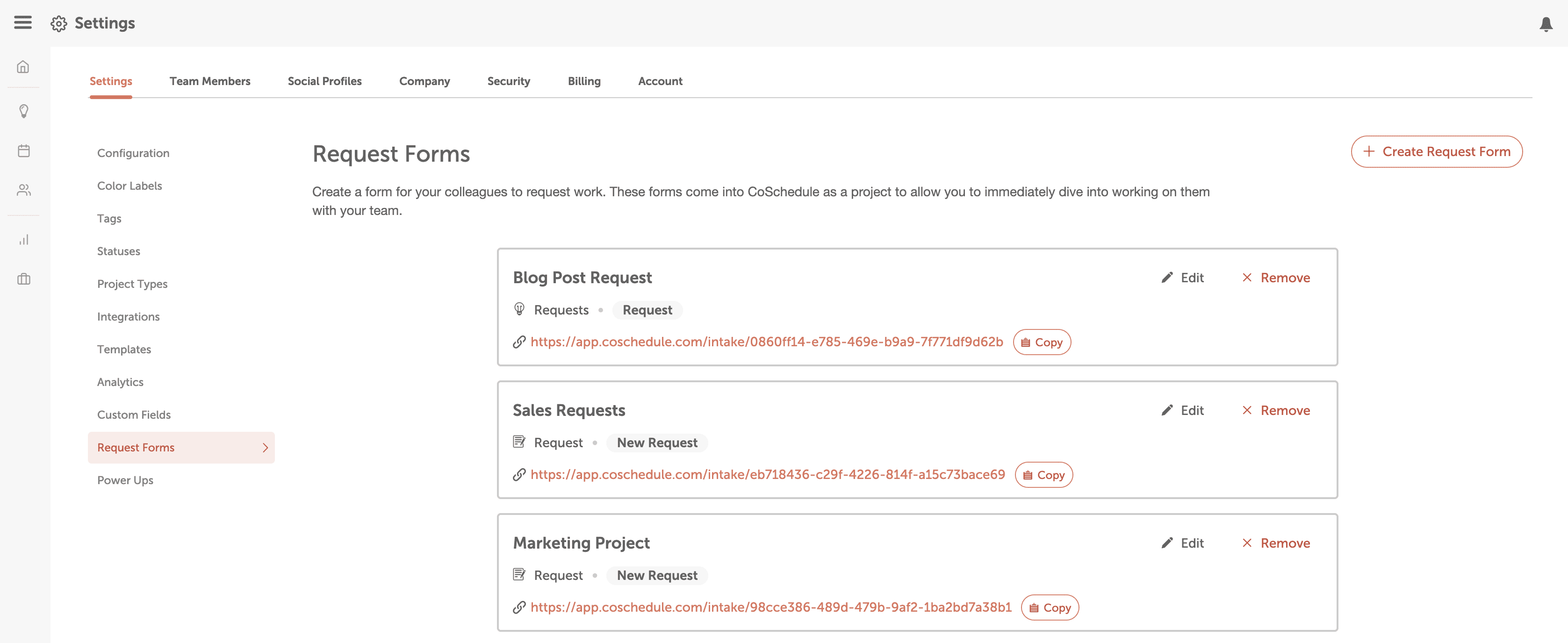 Creating a request form in Settings > Request Forms, with the title, initial status and owner fields.