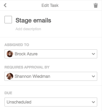 Requires Approval By field in a task's advanced options with an approver selected.
