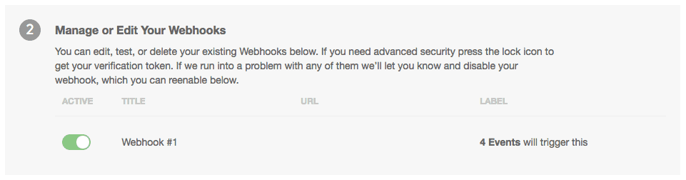 List of a calendar's webhooks, where you click a webhook's name to edit it.