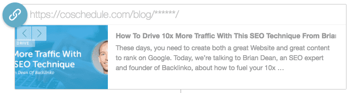 Social campaign link preview showing a placeholder URL for a WordPress post that isn't published yet.