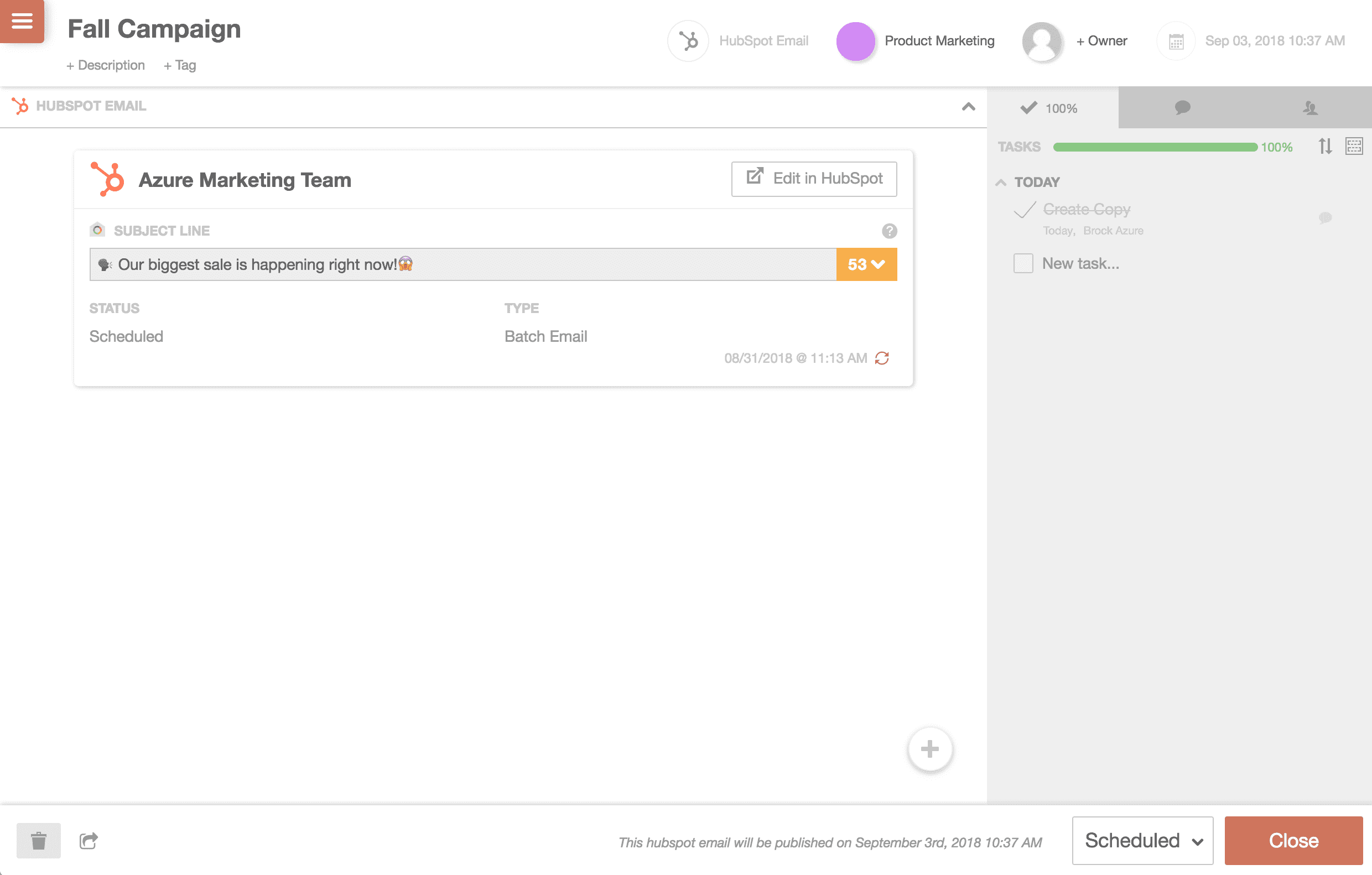 A synced HubSpot email campaign on the CoSchedule calendar showing its title, date and subject line.