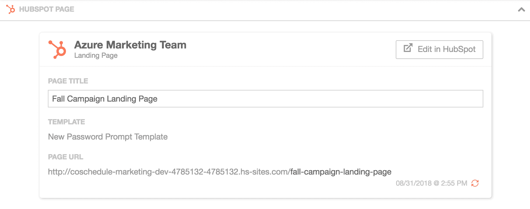A HubSpot Page project in CoSchedule with its title and schedule and the Edit in HubSpot button.