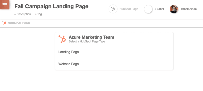 Choosing Landing Page or Website Page for a new HubSpot Page project in CoSchedule.