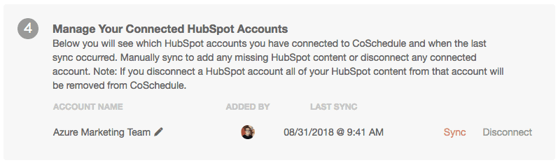 HubSpot card in CoSchedule's Settings > Integrations, with the connected HubSpot account listed below.