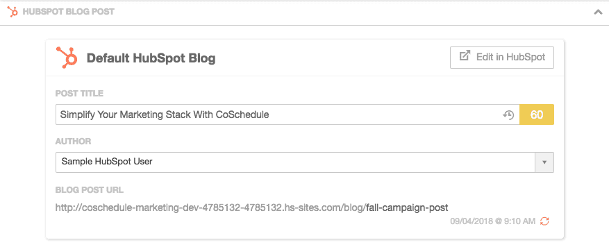 A HubSpot Blog Post project in CoSchedule with title, author and schedule fields and the Edit in HubSpot button.