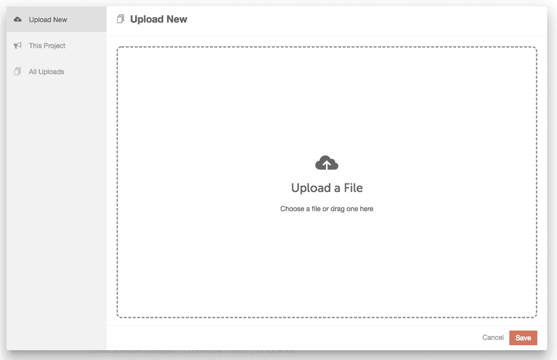 Media library open on Upload New, with a box to choose a file or drag one in to add it to the project.