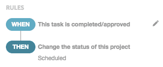 Example rule that changes the project to a scheduled status when the final task is completed.