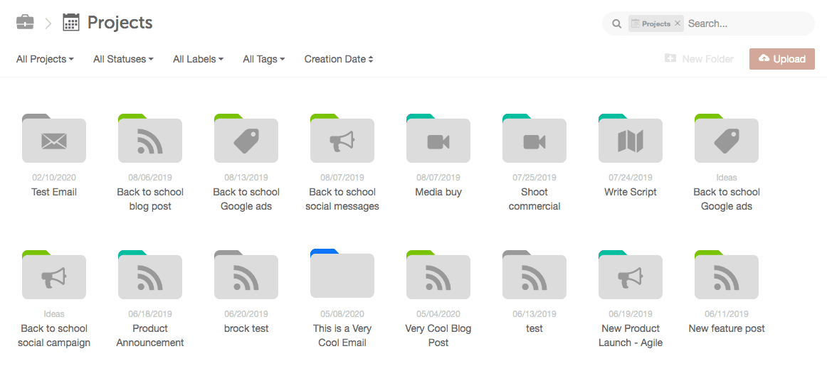 Projects folder in Assets listing a folder for each project on the calendar.
