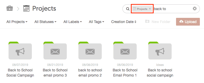 Assets search field holding the current folder's name, which limits the search to that folder.