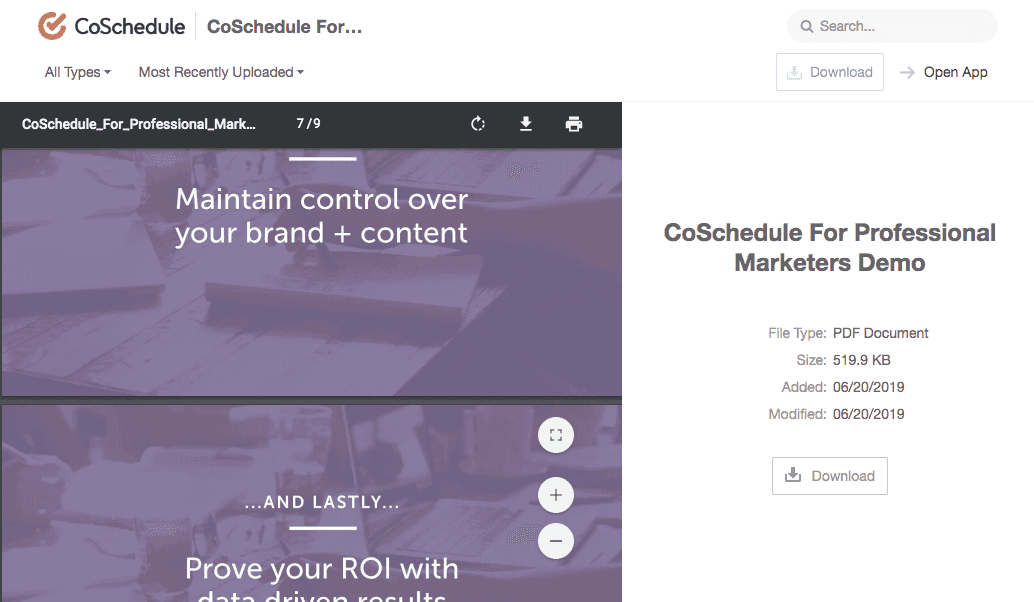 Read-only preview of a shared file, where the person with the link can view or download it.