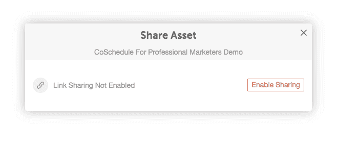Share Asset window with the Enable button and the read-only link it generates.