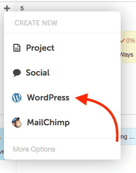 Create New menu on a calendar date with the WordPress option highlighted.