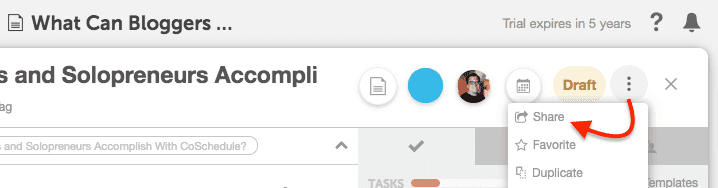 Project share window with sharing turned on, showing the link to copy and the option to download a PDF.