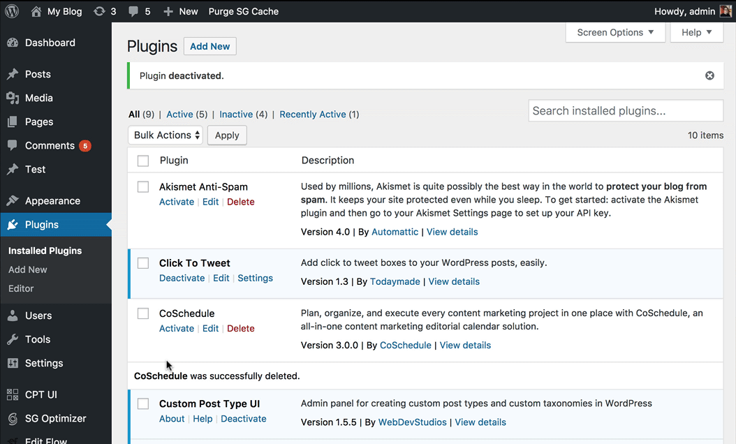 WordPress Plugins screen where the CoSchedule plugin is activated and the CoSchedule sign-in opens.