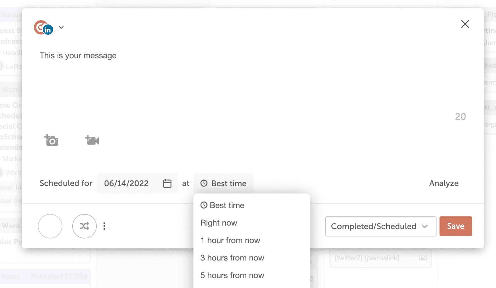 Scheduled for date and at time fields in an open social message, with the status set to Scheduled.