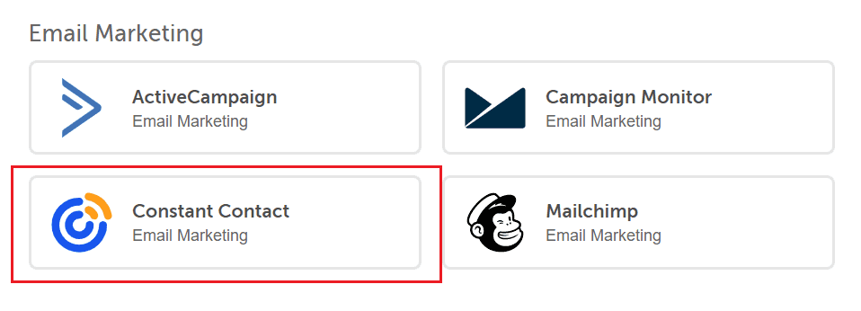 An email marketing integration's settings with the Enable button, the step that starts the Constant Contact connection.