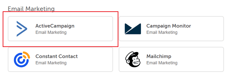 ActiveCampaign in the list of integrations, which you click to start connecting it.