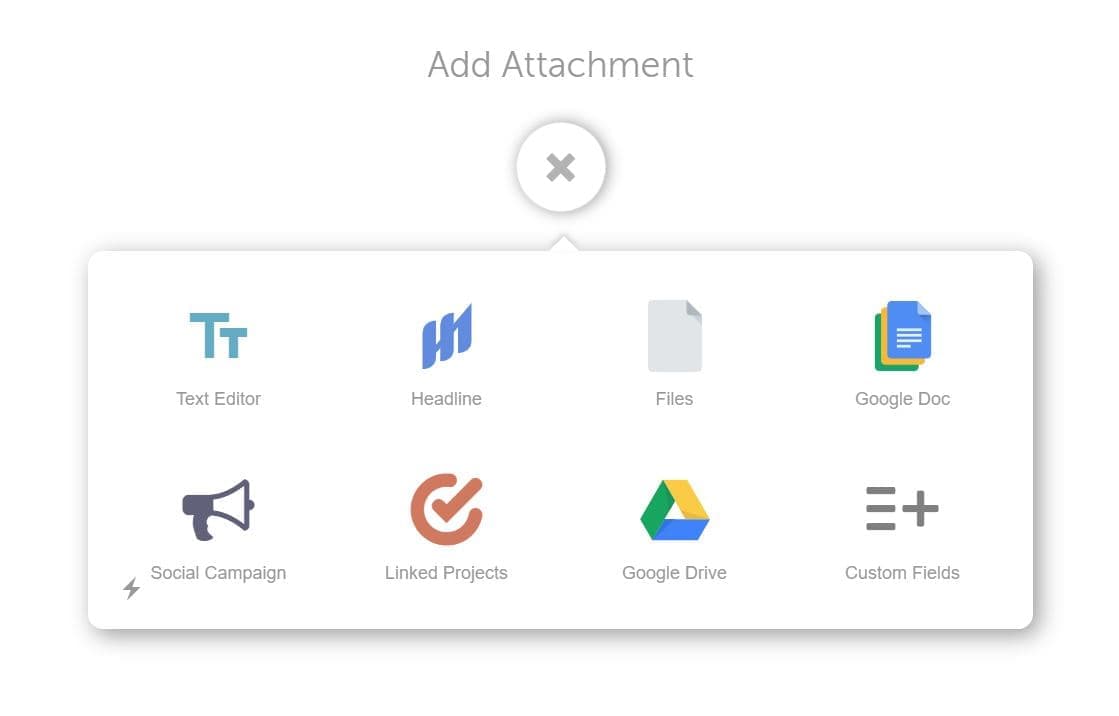 Add Attachment menu with Text Editor, Files, Google Doc, Social Campaign, Linked Projects, Custom Fields and more.