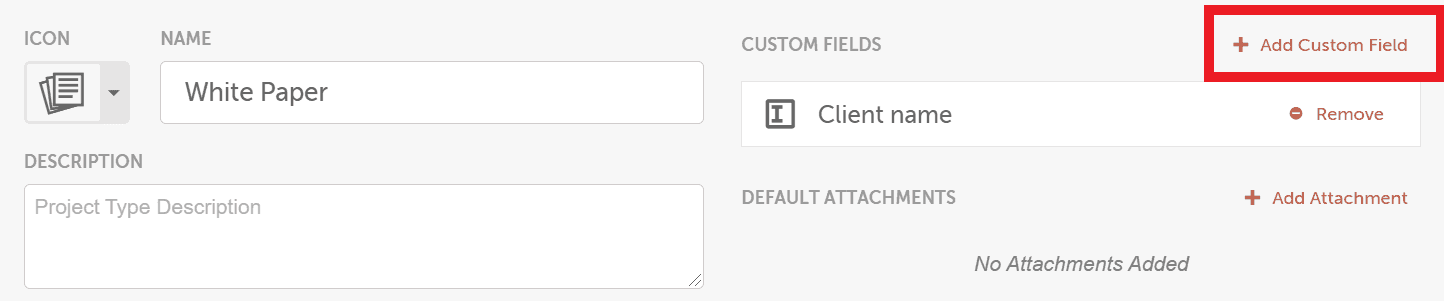 A project type open in Settings, with the Add Custom Field button for adding a field to that type.