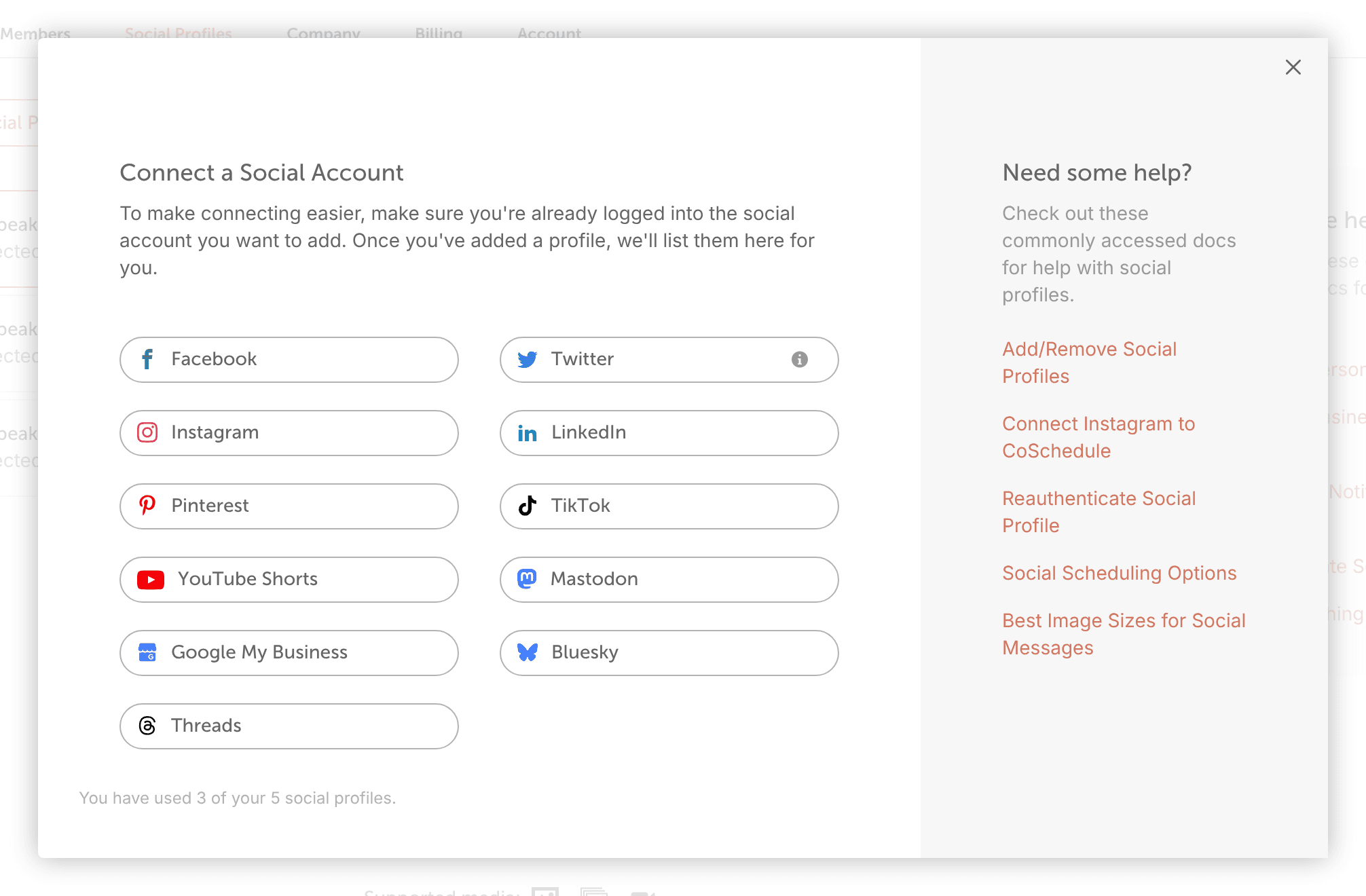 The "Connect a Social Account" window in Settings > Social Profiles, listing the networks you can connect.