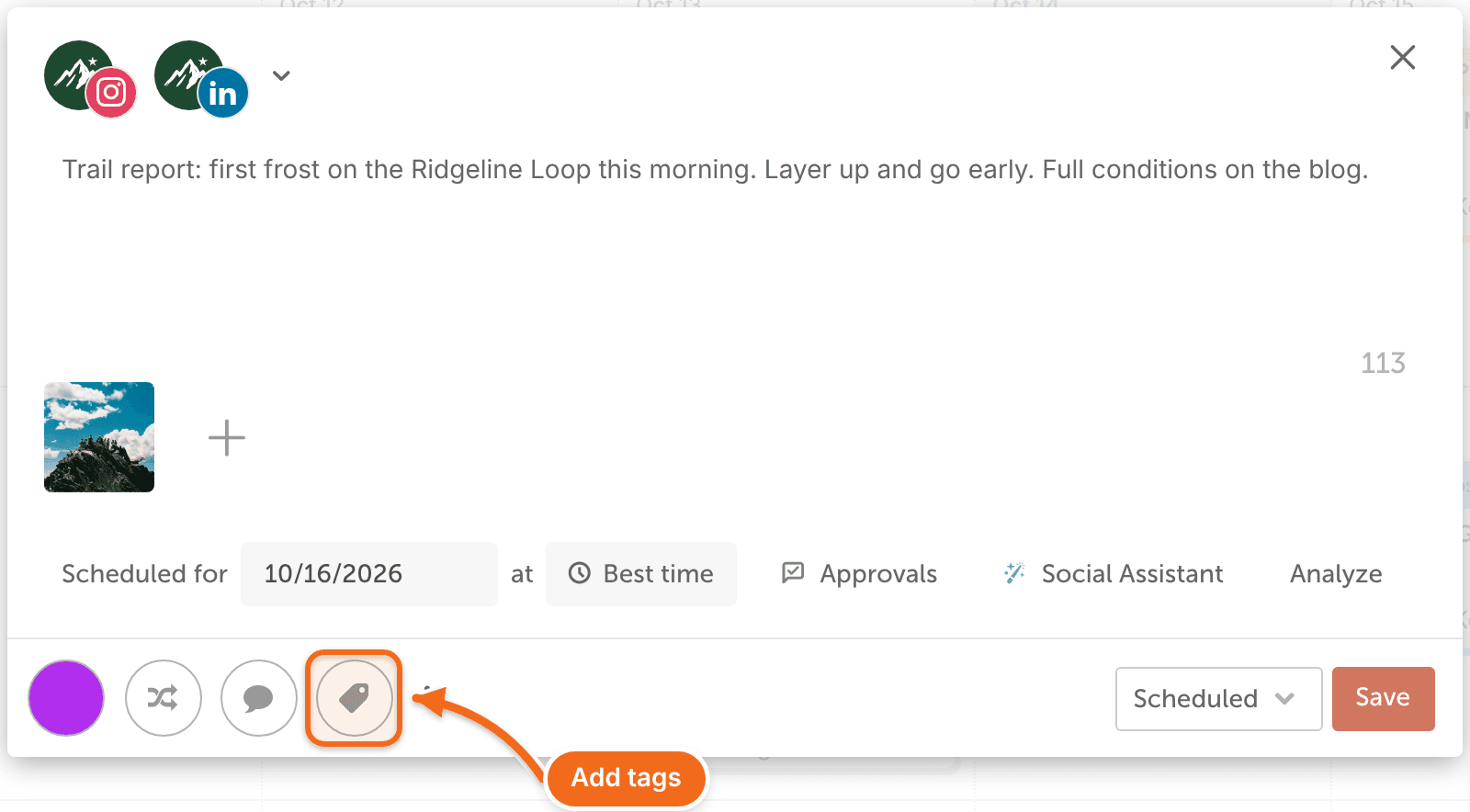 The tag button in the social message composer, used to add tags to the message.