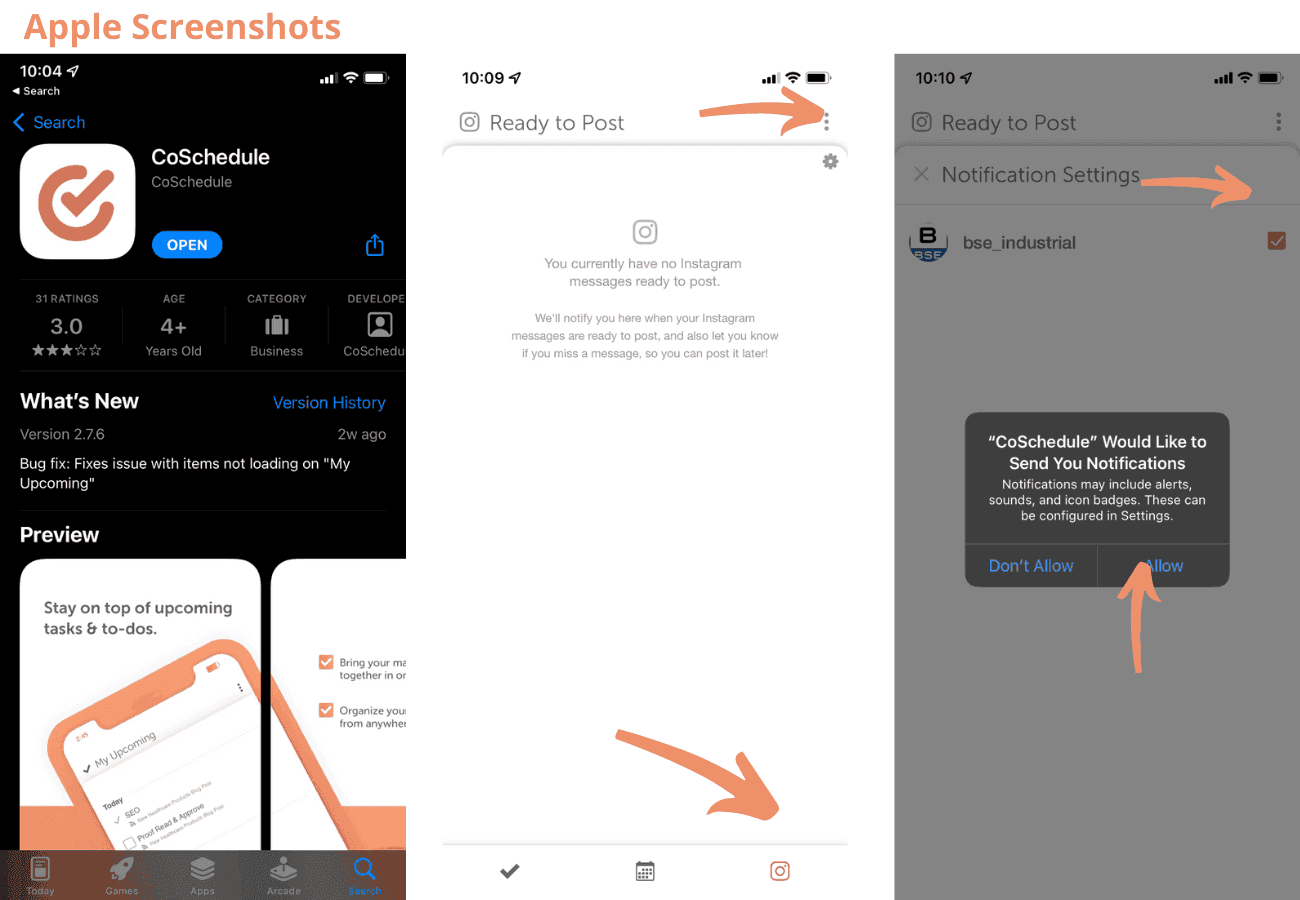 CoSchedule mobile app screens: the app store page, Ready to Post, and the prompt to allow notifications
