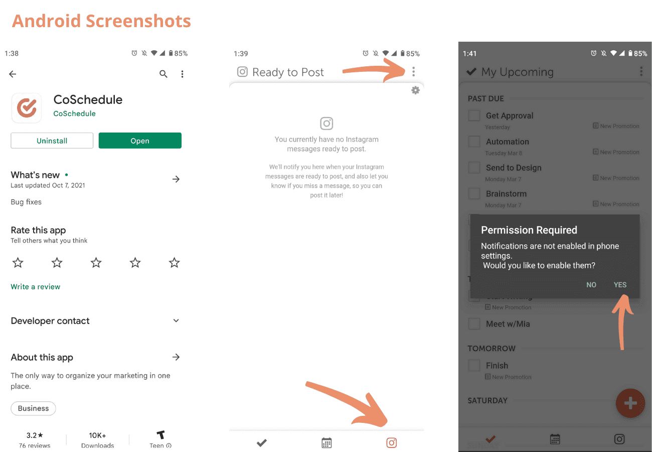 Android screens: CoSchedule in Google Play, Ready to Post with the menu icon, and the prompt to turn on notifications