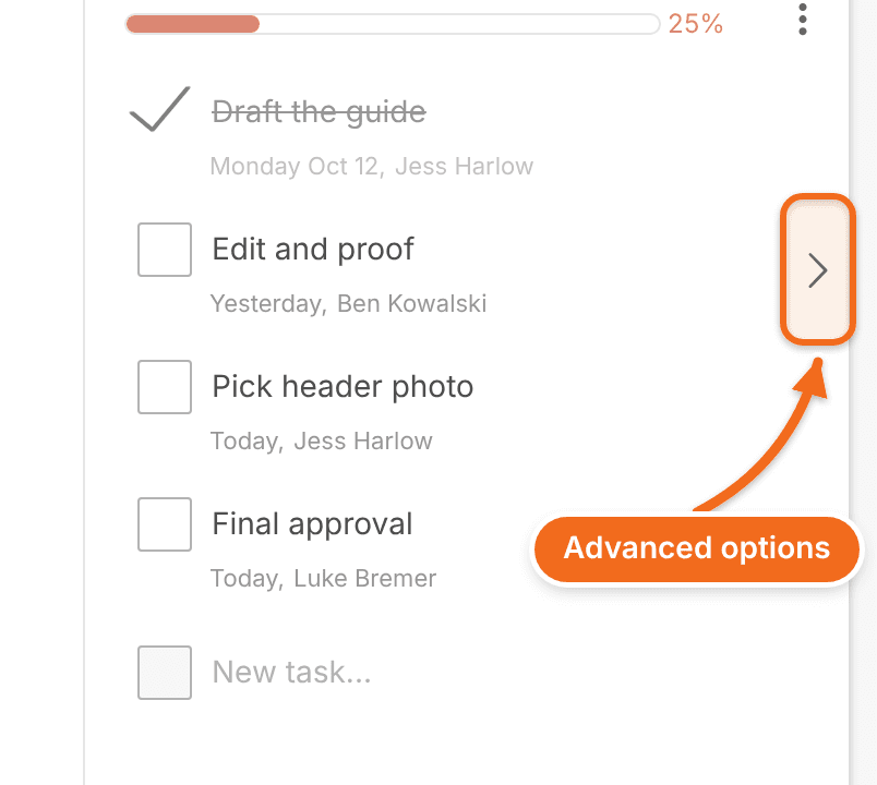 A project's task list with the arrow beside a task that opens the task's advanced options.