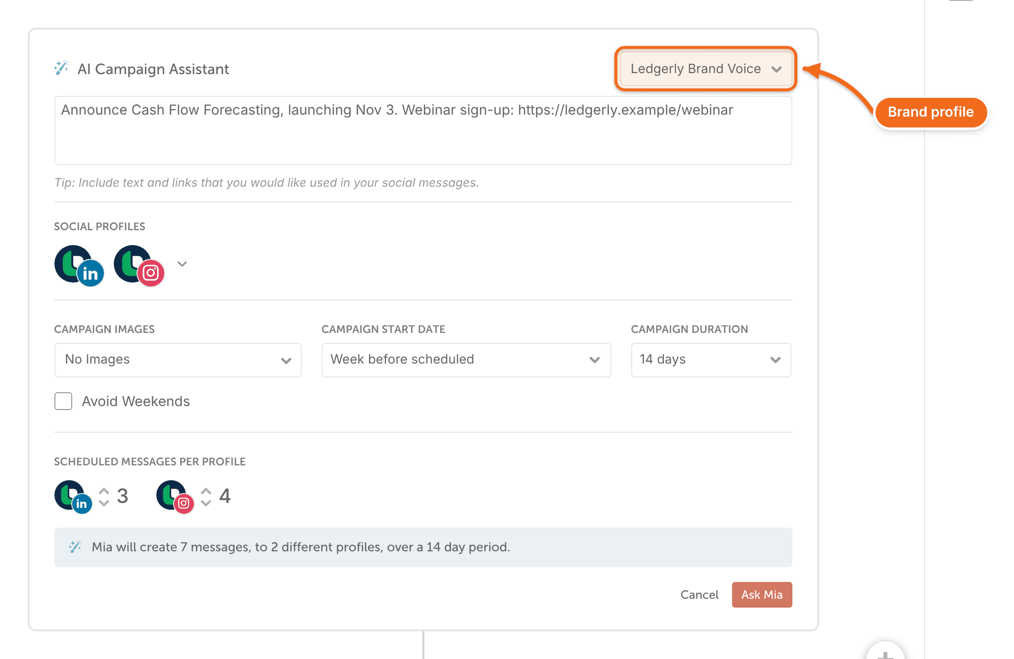 "AI Campaign Assistant" in a social campaign with a brand profile chosen in the menu at the top right.