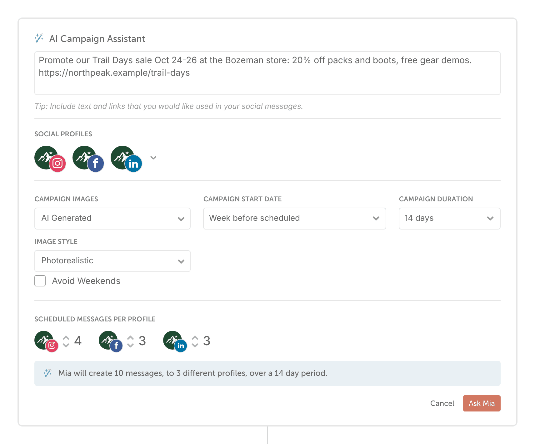 "AI Campaign Assistant" filled in with a description, social profiles, campaign images, start date and duration.