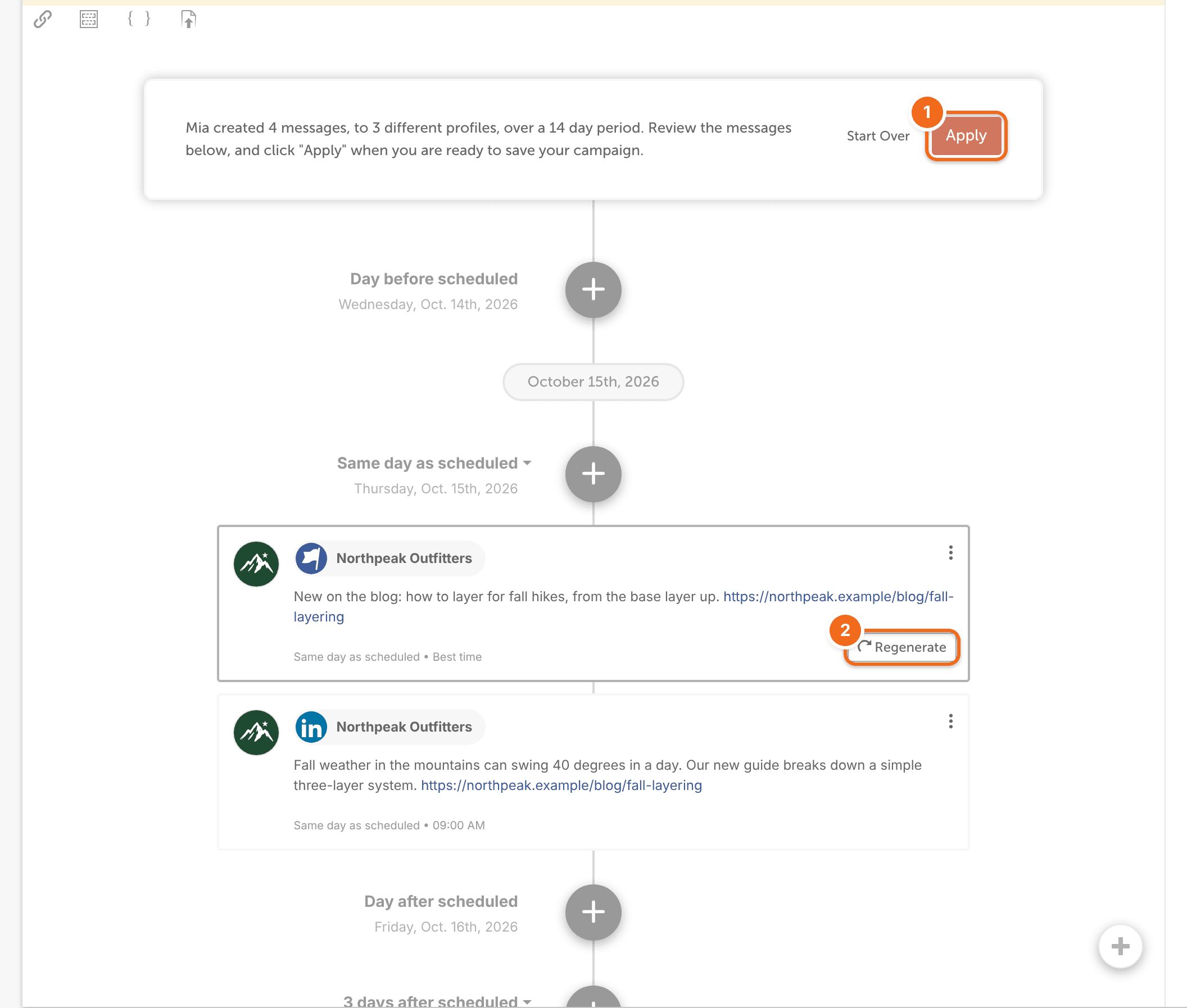 AI-created campaign messages ready for review, with "Apply" at the top and "Regenerate" on a message.