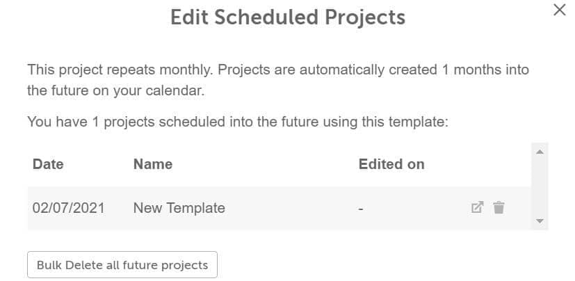 Edit Scheduled Projects window listing a template's future projects, with a trash icon and Bulk Delete all future projects.
